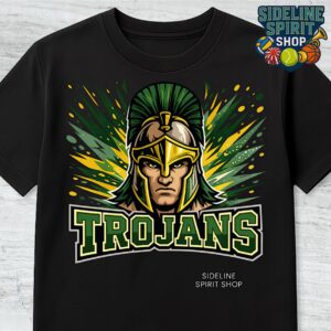 Trojans Warrior Mascot Tee – Green & Gold School Spirit Shirt