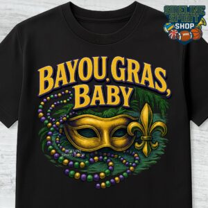 Bayou Gras, Baby Mardi Gras Tee – Mask, Beads & Fleur-de-Lis Bayou Shirt