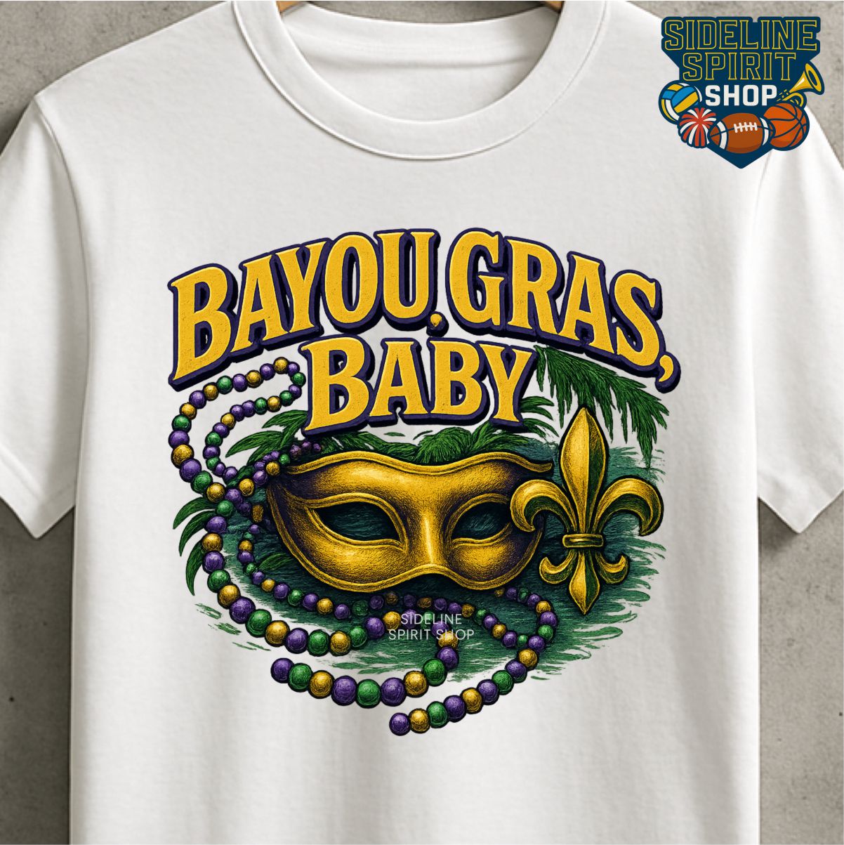 Bayou Gras, Baby Mardi Gras Tee – Mask, Beads & Fleur-de-Lis Bayou Shirt - Image 2