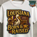 Louisiana Born & Raised Tee – Pelican & Fleur-de-Lis State Pride Shirt