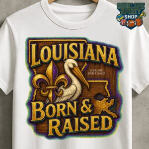 Louisiana Born & Raised Tee – Pelican & Fleur-de-Lis State Pride Shirt